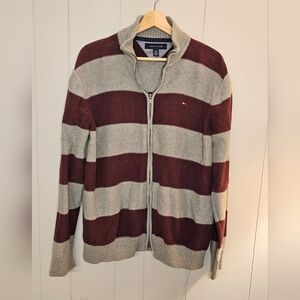 TOMMY HILFIGER Mens Gray/Burgundy Stand Collar Zip-Up Sweater, XL